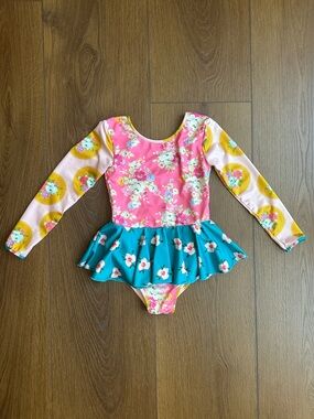 SweetHoney Floral Long-Sleeve One-Piece Leotard in Pink, Teal & Yellow